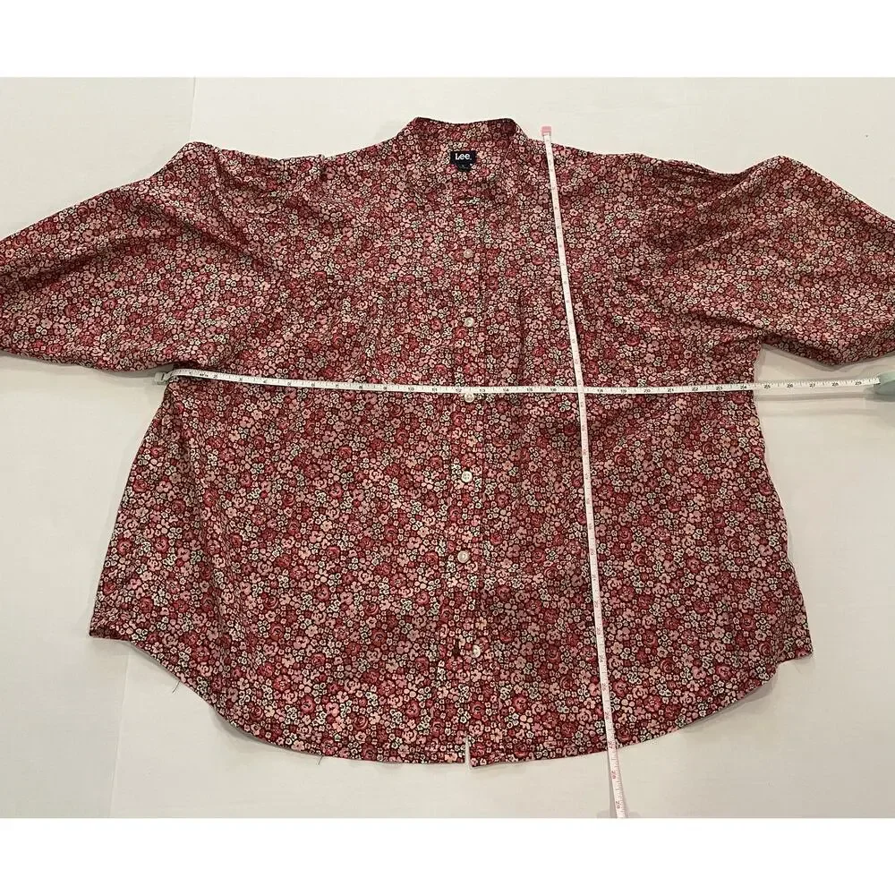 Lee Red Floral Short Sleeve Button Down Shirt, Band Collar, Cottage, Size L